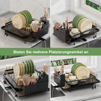Rottogoon Uscător de vase extensibil pentru blatul de bucătărie – Negru, suport pliabil pentru vase 8
