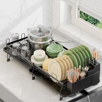 Rottogoon Uscător de vase extensibil pentru blatul de bucătărie – Negru, suport pliabil pentru vase 1