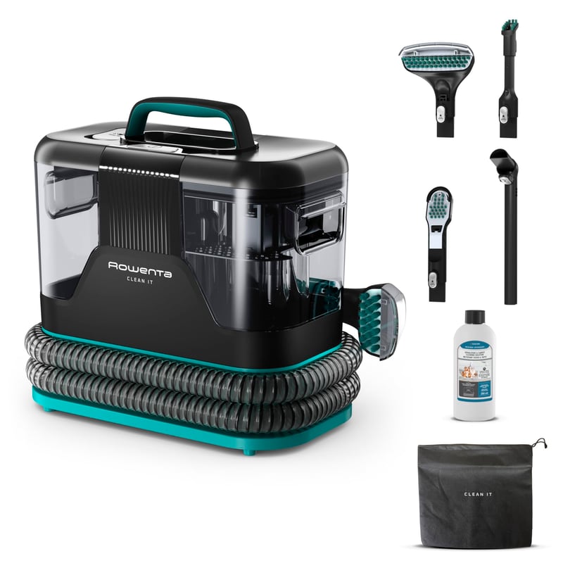 Prenosný čistič škvŕn na koberce Rowenta Clean It IN5020F0, 2,3 l nádrž, vymeniteľné čistiace hlavice, 750 W, zeleno-čierny
