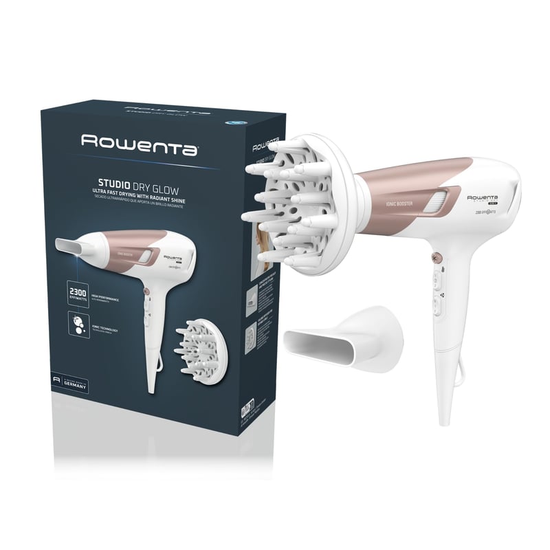 Uscător de păr Rowenta Studio Dry Glow CV5830 2100W, cu difuzor, funcție ionică, 3 trepte de temperatură, 2 trepte de viteză, Alb/Auriu-roze