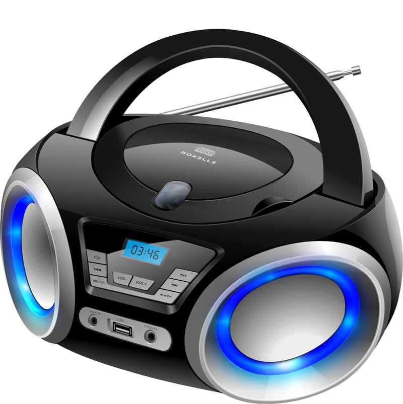 Prenosný CD prehrávač Roxelle CD-300 s Bluetooth, FM rádiom a RGB osvetlením – čierny
