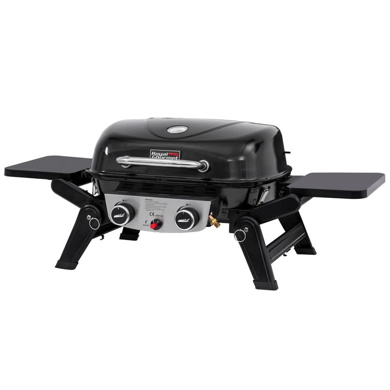 Prenosný plynový gril Royal Gourmet s 2 horákmi, výkon 5 kW, so sklápacími bočnými stolíkmi, na balkón a terasu, čierny