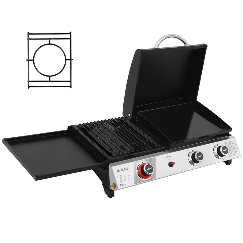 Grătar pe gaz Royal Gourmet 8,5 kW, grătar de masă 3 în 1, grătar portabil cu 3 arzătoare pentru picnic și camping, cu raft lateral pliabil, negru