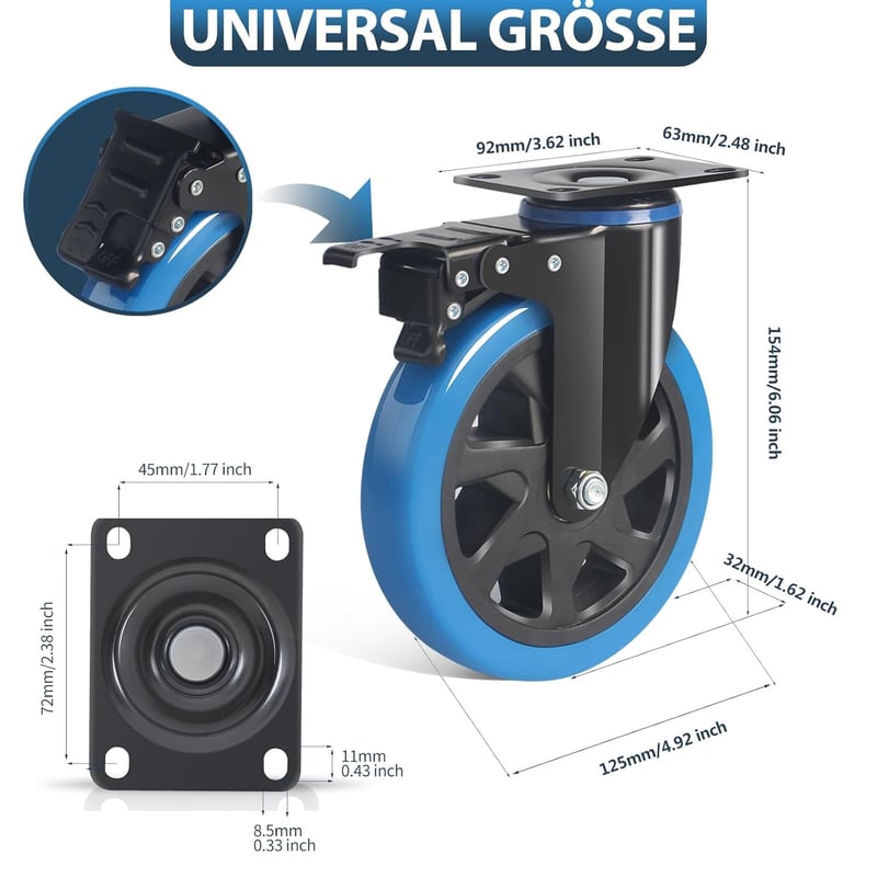 RRIUTO 125mm Forgókerék Fékes Görgő 800kg Teherbírás Bútor Szállítókerék