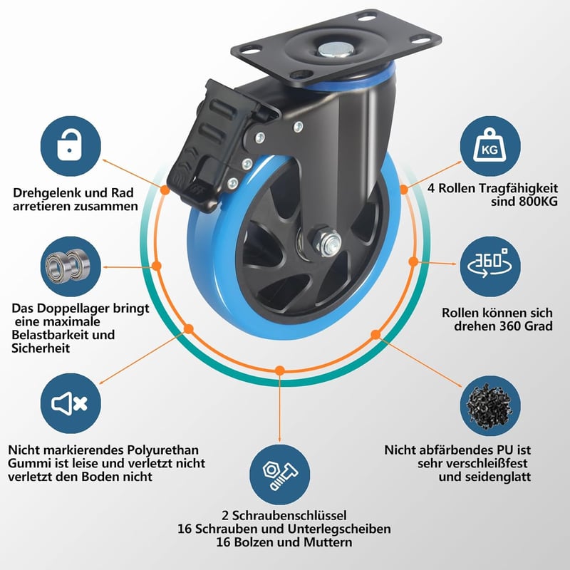 RRIUTO 125mm Forgókerék Fékes Görgő 800kg Teherbírás Bútor Szállítókerék