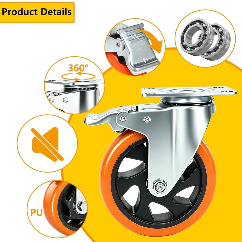 RRIUTO 125mm Nehéz Görgő Fékes Szett 4db 800kg Terhelhetőség Forgó Bútor Görgő - 125 mm