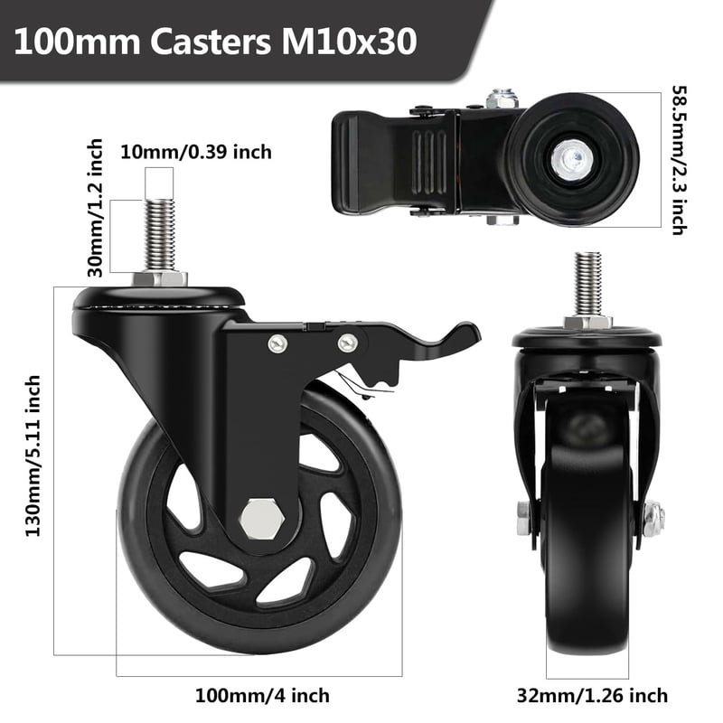 RRIUTO Bútor Görgő Fékes 100mm M10x30 500kg Teherbírás 4db Forgó Görgő