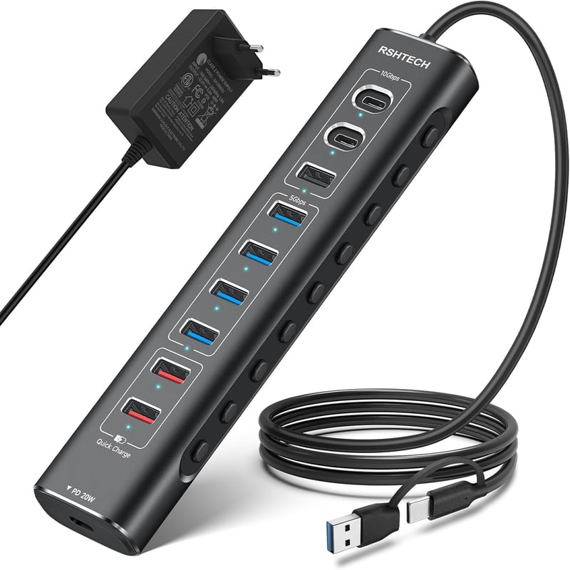 RSHTECH 10 portos USB-C 3.2 hub aktív tápegységgel, gyorstöltés és PD támogatás - A10QPD