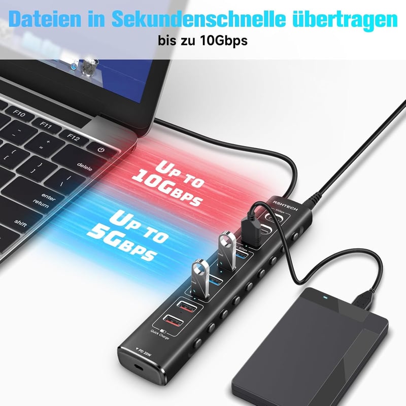 RSHTECH 10 portos USB-C 3.2 hub aktív tápegységgel, gyorstöltés és PD támogatás - A10QPD