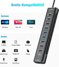 RSHTECH 10 portos USB-C 3.2 hub aktív tápegységgel, gyorstöltés és PD támogatás - A10QPD 7