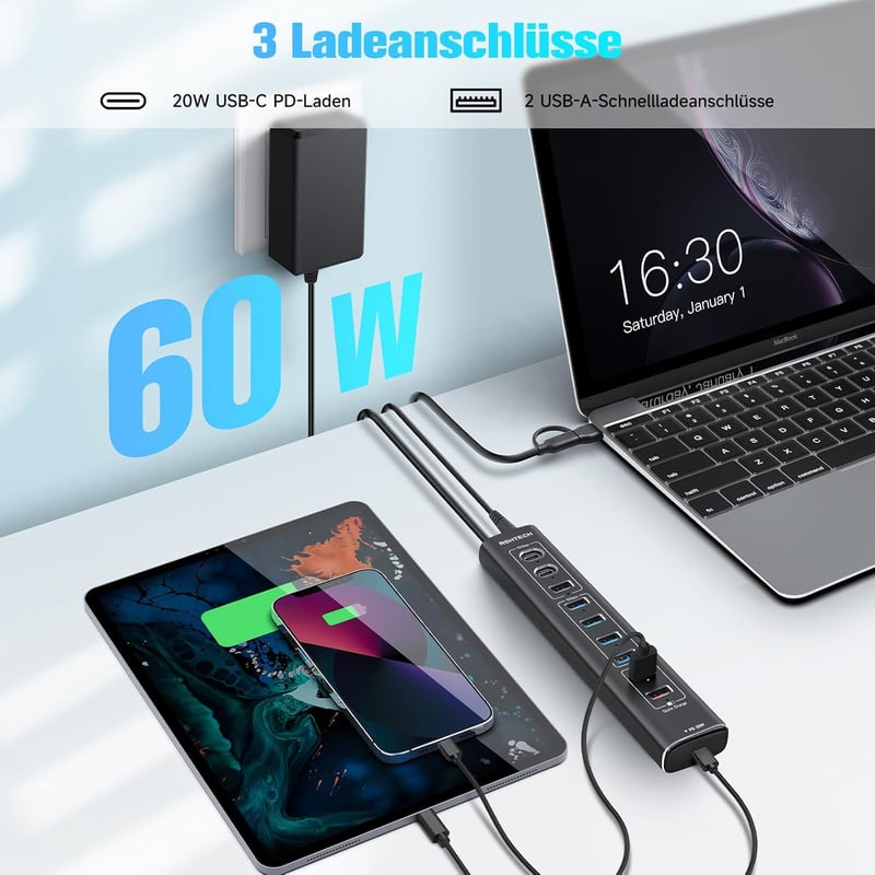 RSHTECH 10 portos USB-C 3.2 hub aktív tápegységgel, gyorstöltés és PD támogatás - A10QPD