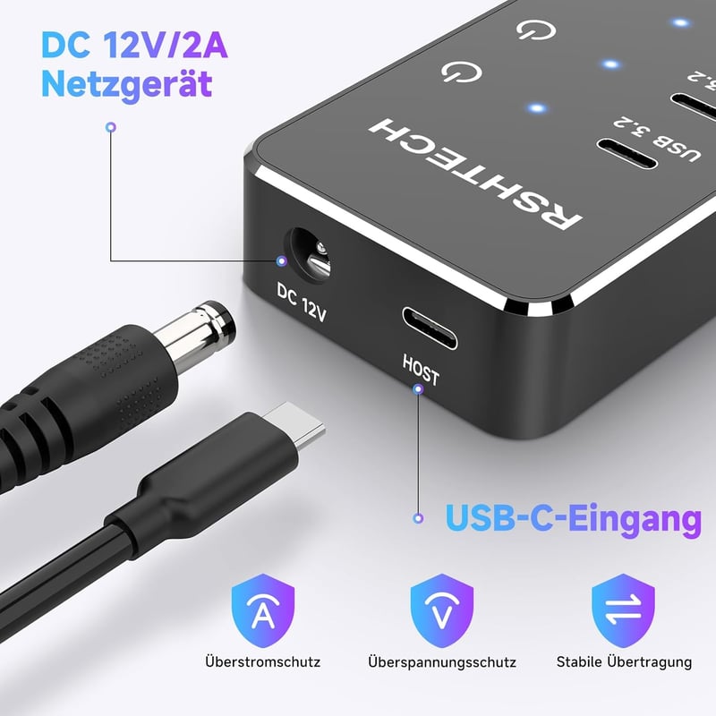 RSHTECH 10 portos USB-C hub tápegységgel, 3 USB 3.2 és 7 USB 3.0 porttal