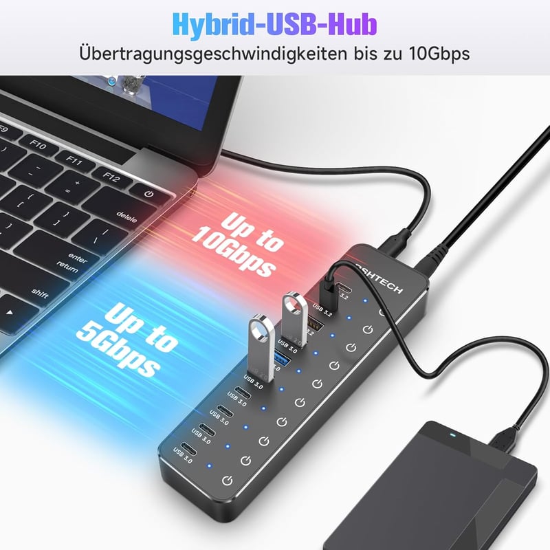 RSHTECH 10 portos USB-C hub tápegységgel, 3 USB 3.2 és 7 USB 3.0 porttal
