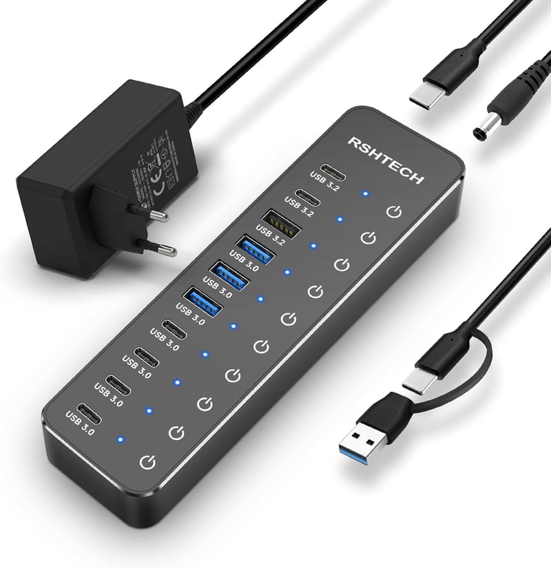 RSHTECH 10 portos USB-C hub tápegységgel, 3 USB 3.2 és 7 USB 3.0 porttal