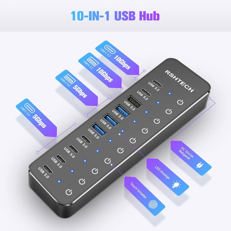 RSHTECH 10 portos USB-C hub tápegységgel, 3 USB 3.2 és 7 USB 3.0 porttal