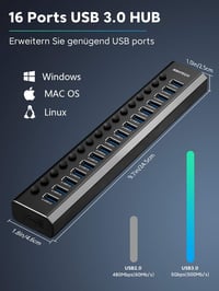 RSHTECH 16 portos USB 3.0 hub aktív tápellátással, alumínium, 100W, professzionális 3