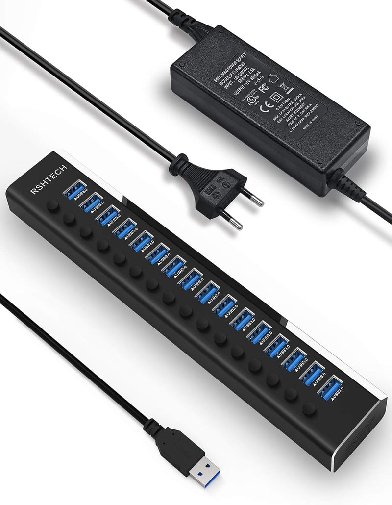 RSHTECH 16 portos USB 3.0 hub aktív tápellátással, alumínium, 100W, professzionális