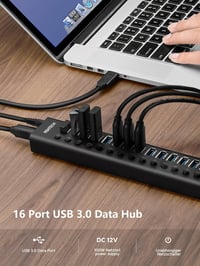 RSHTECH 16 portos USB 3.0 hub aktív tápellátással, alumínium, 100W, professzionális 9