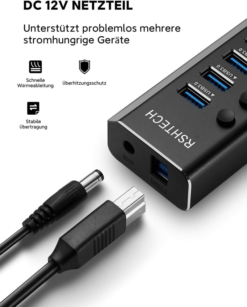 RSHTECH 16 portos USB 3.0 hub aktív tápellátással, alumínium, 100W, professzionális
