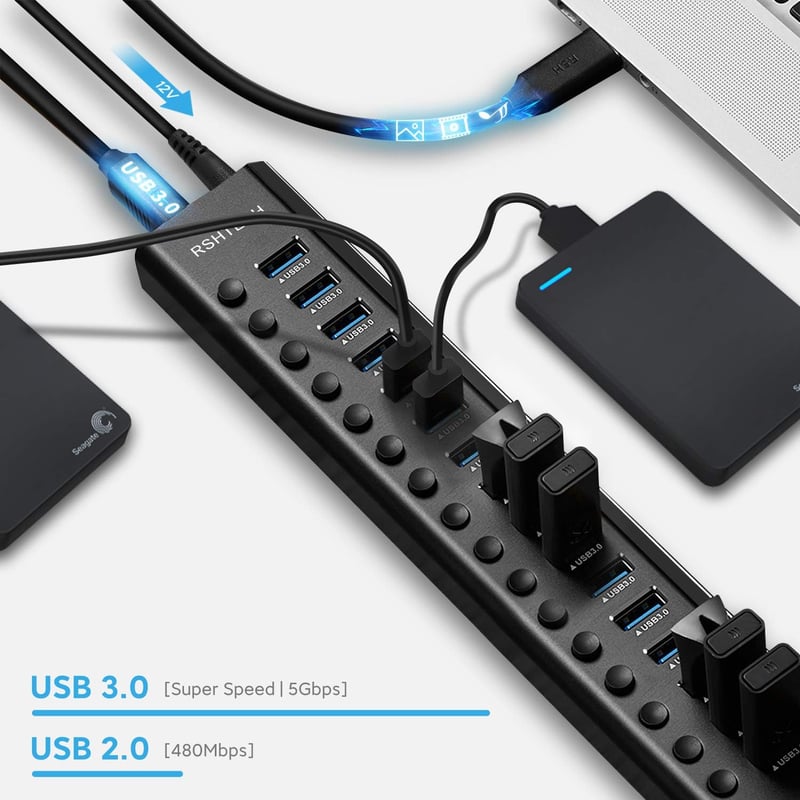 RSHTECH 16 portos USB 3.0 hub aktív tápellátással, alumínium, 100W, professzionális