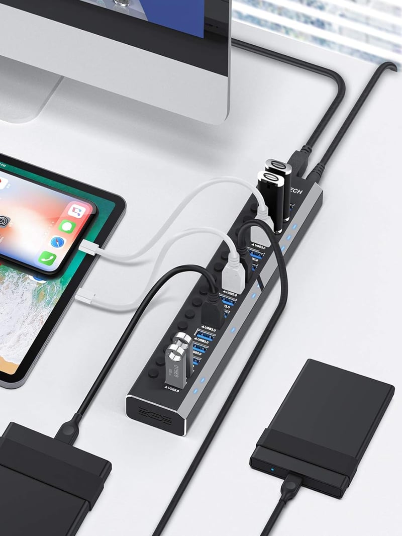 RSHTECH 16 portos USB 3.0 hub aktív tápellátással, alumínium, 100W, professzionális