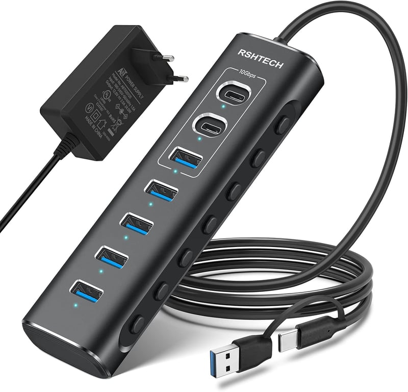RSHTECH 7 portos USB-C 3.2 hub aktív tápegységgel, 10Gbps és 5Gbps portok - 3*10Gbps+4*5Gbps