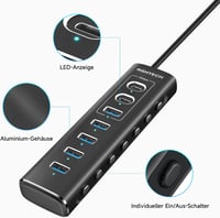RSHTECH 7 portos USB-C 3.2 hub aktív tápegységgel, 10Gbps és 5Gbps portok - 3*10Gbps+4*5Gbps 6