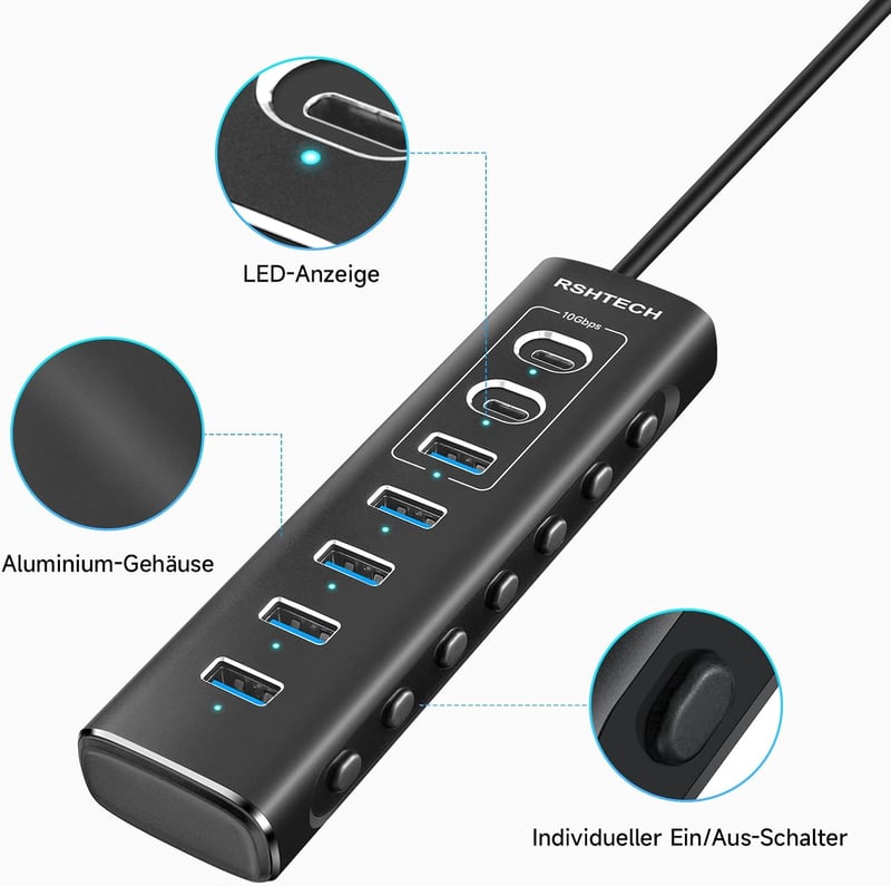 RSHTECH 7 portos USB-C 3.2 hub aktív tápegységgel, 10Gbps és 5Gbps portok - 3*10Gbps+4*5Gbps