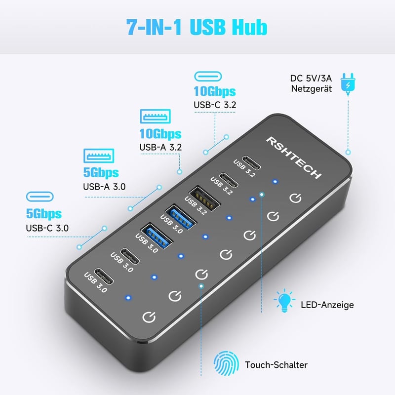 RSHTECH 7 portos USB-C 3.2 hub aktív tápegységgel, 10Gbps sebességgel - ST07C-4