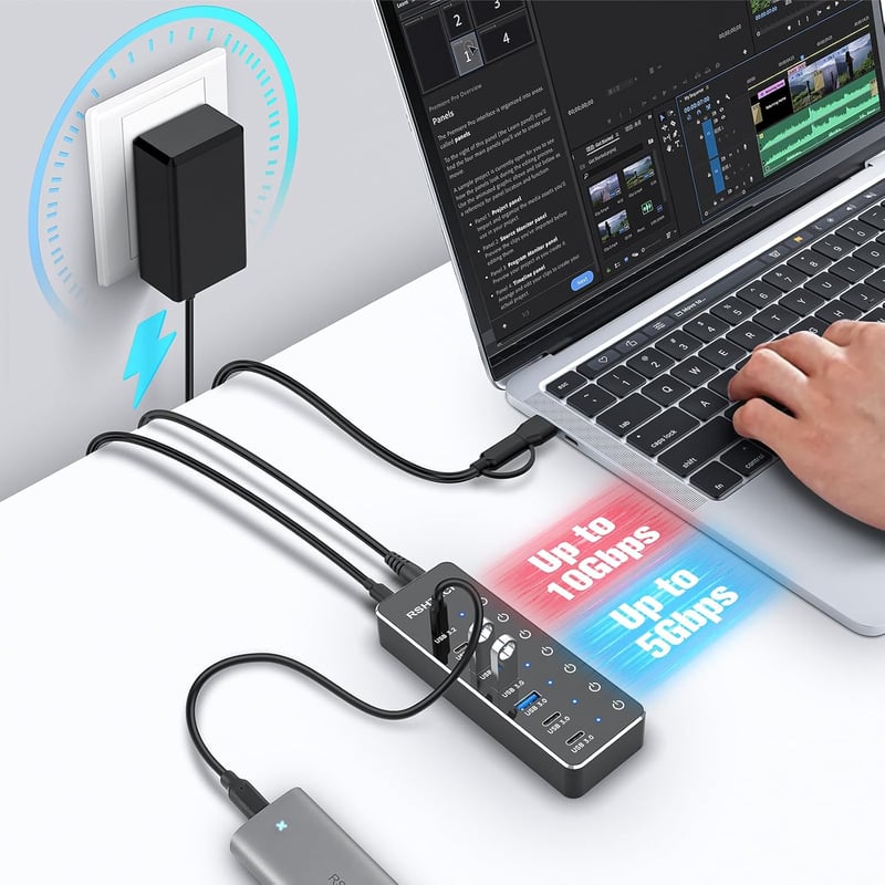 RSHTECH 7 portos USB-C 3.2 hub aktív tápegységgel, 10Gbps sebességgel - ST07C-4