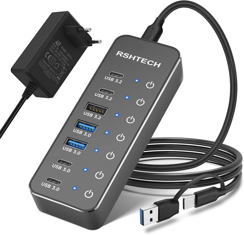 RSHTECH 7 portos USB-C 3.2 hub aktív tápegységgel, 10Gbps sebességgel - ST07C-4