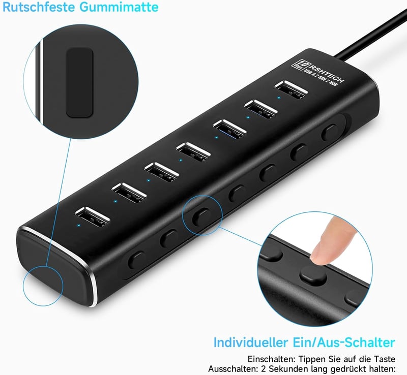 RSHTECH Alumínium USB 3.2 Hub 7 Porttal - Aktív Elosztó 24W Tápegységgel, 10 Gbps Adatátvitel, 2-in-1 Kábel (Type A & C), Laptop Kompatibili - A107