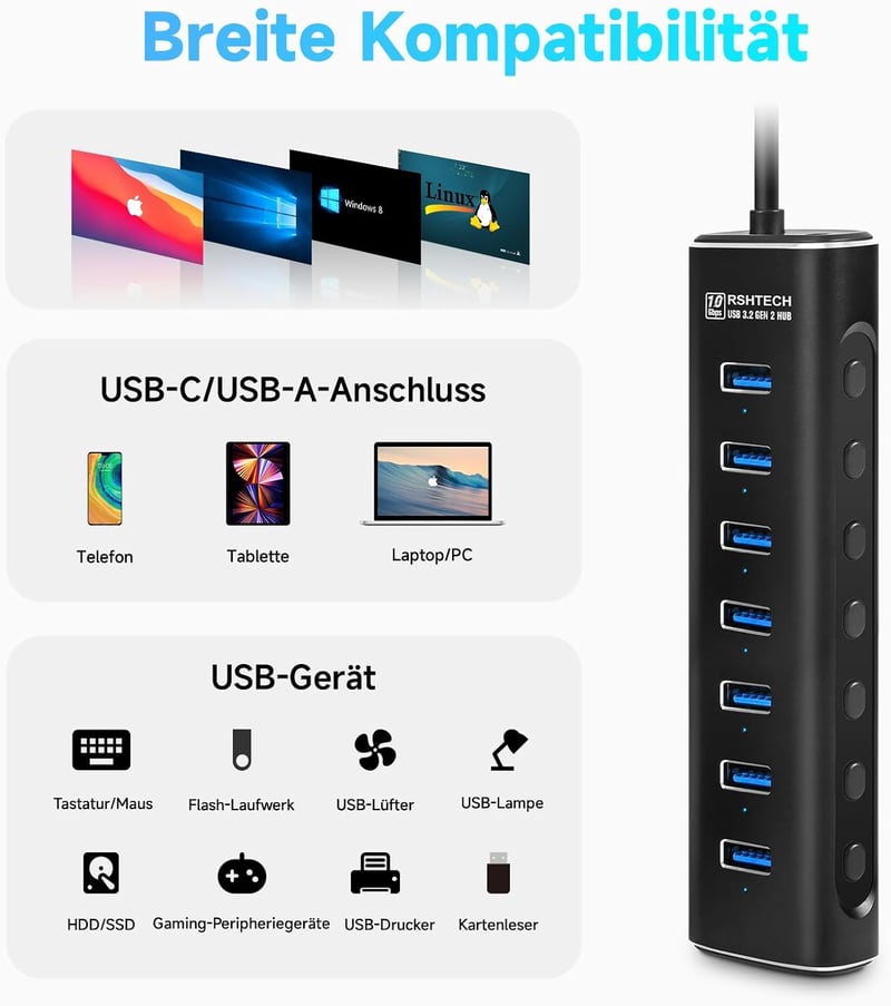 RSHTECH Alumínium USB 3.2 Hub 7 Porttal - Aktív Elosztó 24W Tápegységgel, 10 Gbps Adatátvitel, 2-in-1 Kábel (Type A & C), Laptop Kompatibili - A107