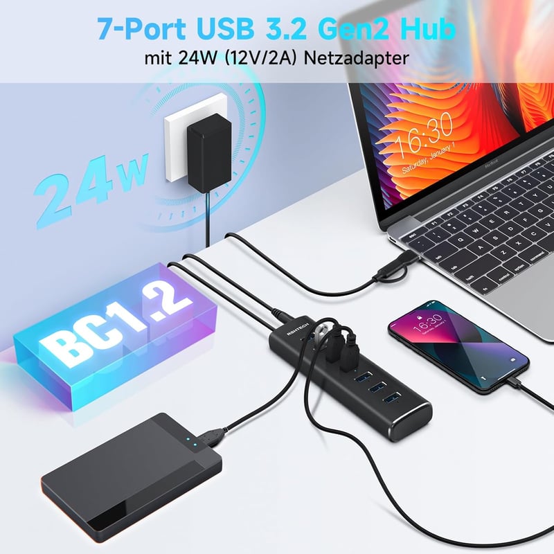 RSHTECH Alumínium USB 3.2 Hub 7 Porttal - Aktív Elosztó 24W Tápegységgel, 10 Gbps Adatátvitel, 2-in-1 Kábel (Type A & C), Laptop Kompatibili - A107