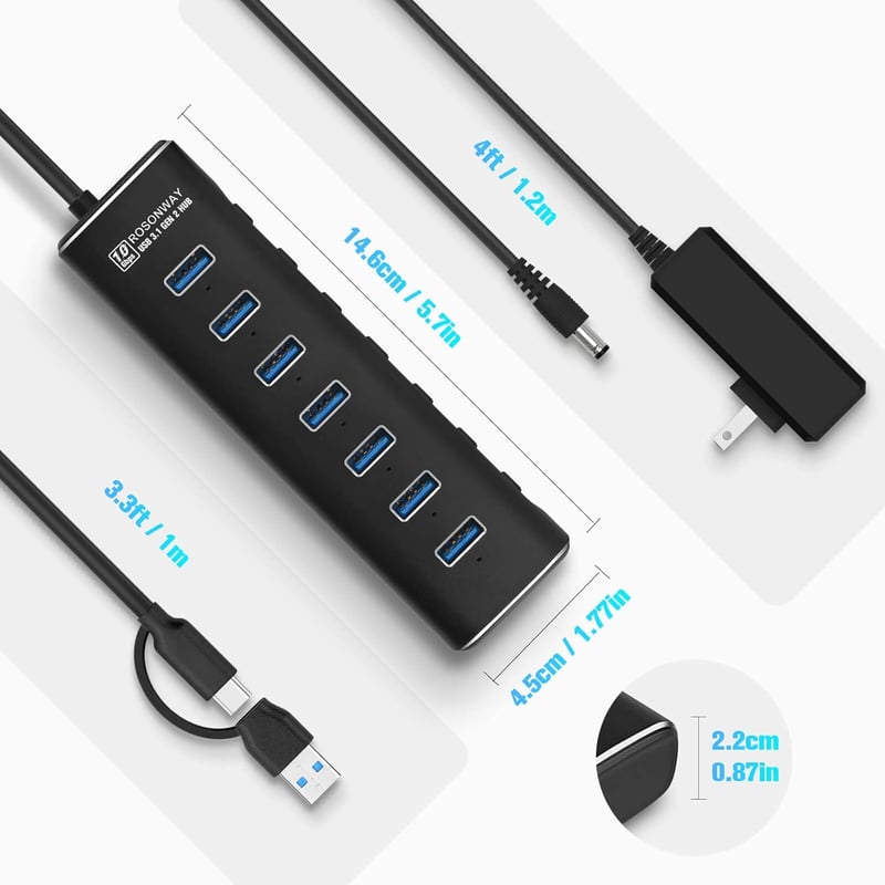 RSHTECH Alumínium USB 3.2 Hub 7 Porttal - Aktív Elosztó 24W Tápegységgel, 10 Gbps Adatátvitel, 2-in-1 Kábel (Type A & C), Laptop Kompatibili - A107