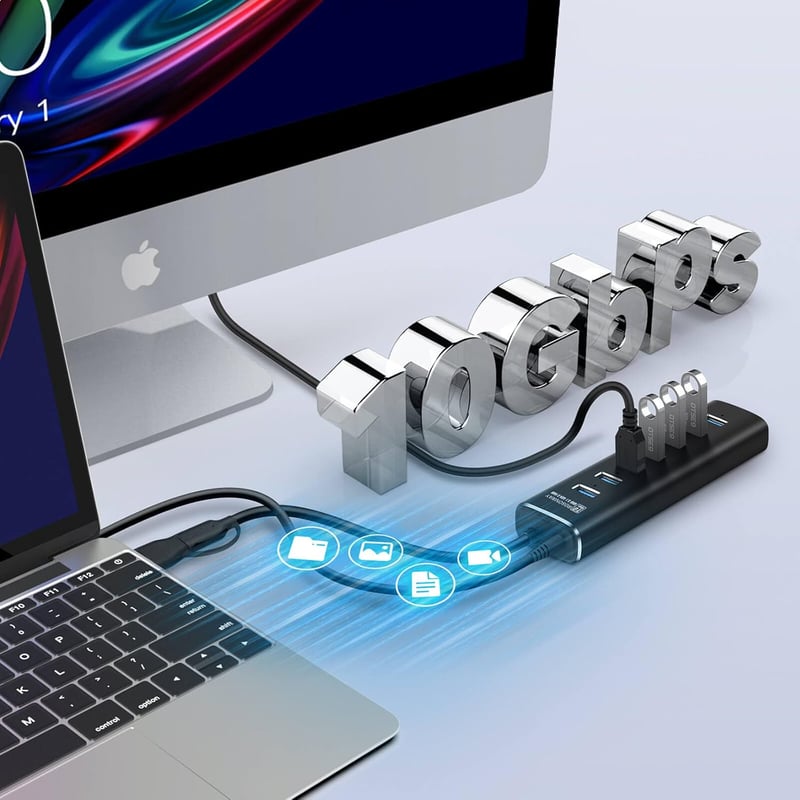 RSHTECH Alumínium USB 3.2 Hub 7 Porttal - Aktív Elosztó 24W Tápegységgel, 10 Gbps Adatátvitel, 2-in-1 Kábel (Type A & C), Laptop Kompatibili - A107