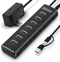 RSHTECH Alumínium USB 3.2 Hub 7 Porttal - Aktív Elosztó 24W Tápegységgel, 10 Gbps Adatátvitel, 2-in-1 Kábel (Type A & C), Laptop Kompatibili - A107 1