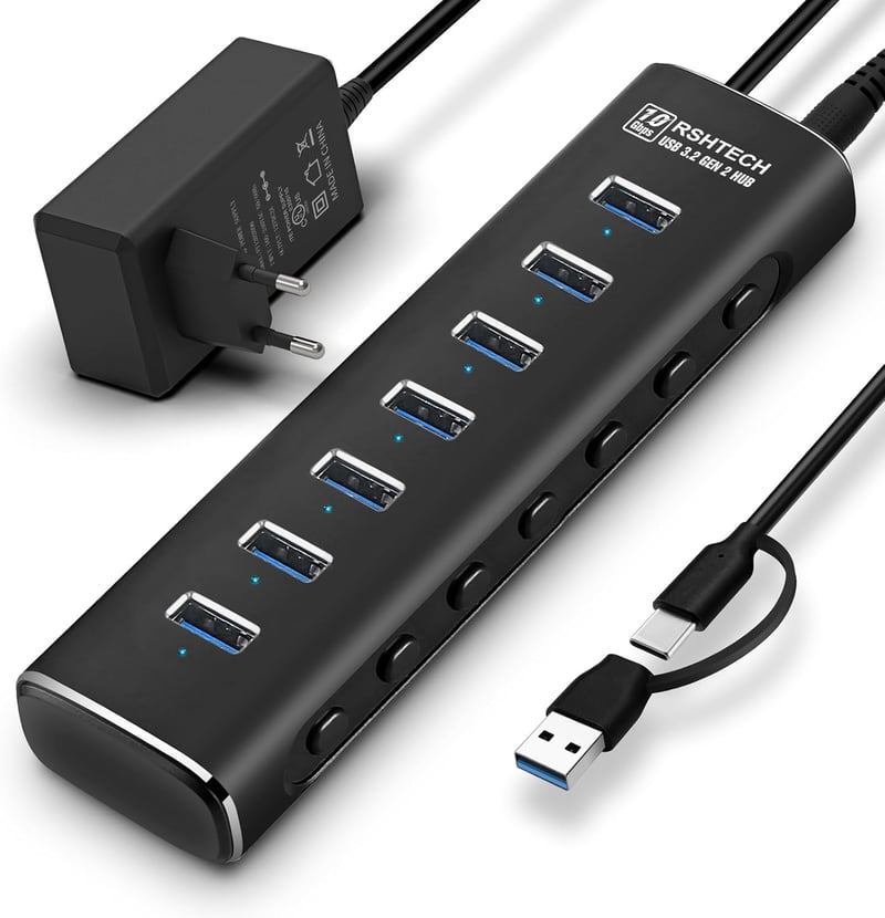 RSHTECH Alumínium USB 3.2 Hub 7 Porttal - Aktív Elosztó 24W Tápegységgel, 10 Gbps Adatátvitel, 2-in-1 Kábel (Type A & C), Laptop Kompatibili - A107