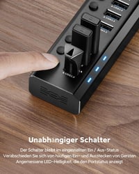 RSHTECH Alumínium USB Hub 3.0 - 7 Portos Aktív USB Elosztó Adatátvitelhez, 24W, 12V/2A Tápegységgel, Egyedi Kapcsolókkal és LED Kijelzővel 4