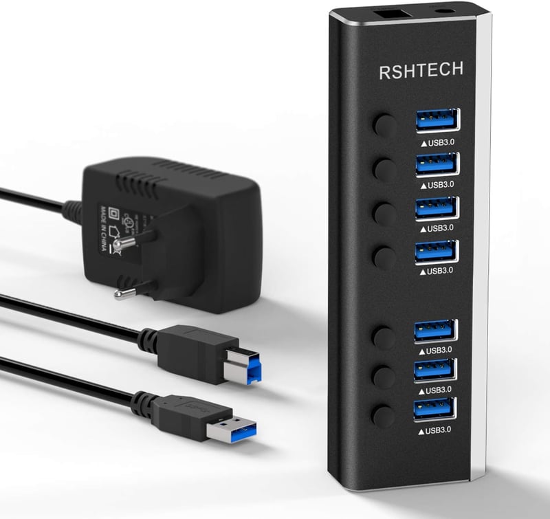 RSHTECH Alumínium USB Hub 3.0 - 7 Portos Aktív USB Elosztó Adatátvitelhez, 24W, 12V/2A Tápegységgel, Egyedi Kapcsolókkal és LED Kijelzővel