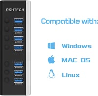 RSHTECH Alumínium USB Hub 3.0 - 7 Portos Aktív USB Elosztó Adatátvitelhez, 24W, 12V/2A Tápegységgel, Egyedi Kapcsolókkal és LED Kijelzővel 5