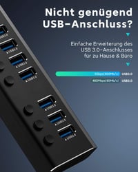 RSHTECH Alumínium USB Hub 3.0 - 7 Portos Aktív USB Elosztó Adatátvitelhez, 24W, 12V/2A Tápegységgel, Egyedi Kapcsolókkal és LED Kijelzővel 3