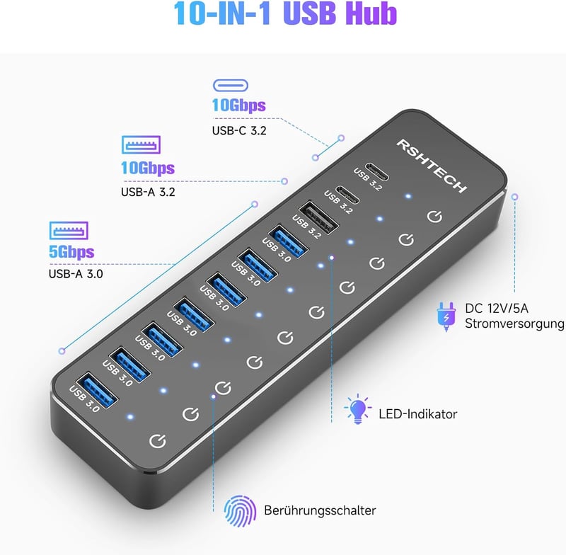 RSHTECH USB 3.2 Hub 10 portos aktív elosztó 3x10Gbps + 7x5Gbps tápegységgel