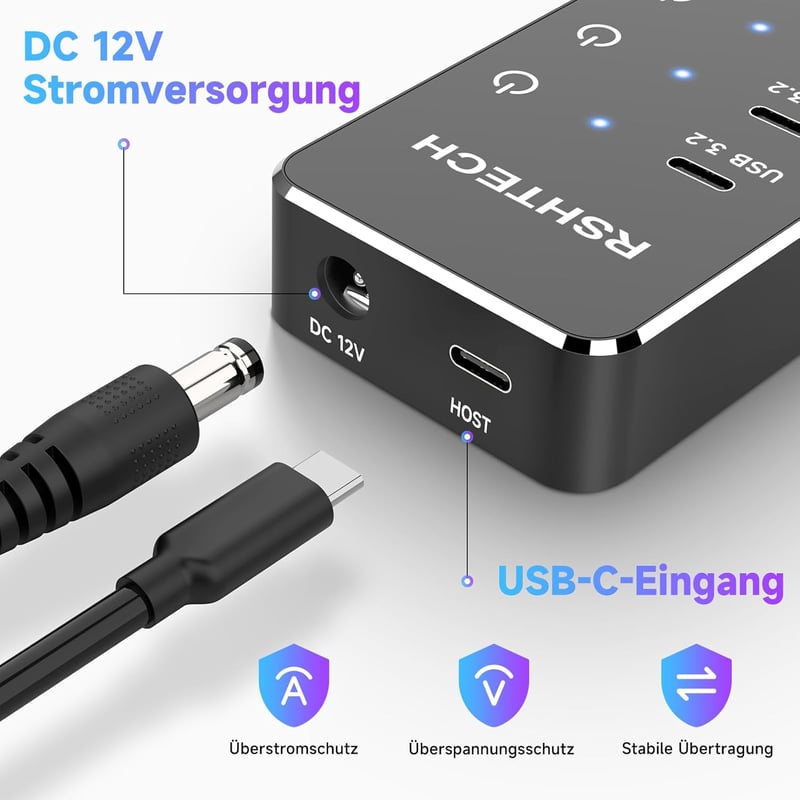RSHTECH USB 3.2 Hub 10 portos aktív elosztó 3x10Gbps + 7x5Gbps tápegységgel