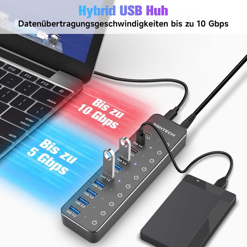 RSHTECH USB 3.2 Hub 10 portos aktív elosztó 3x10Gbps + 7x5Gbps tápegységgel