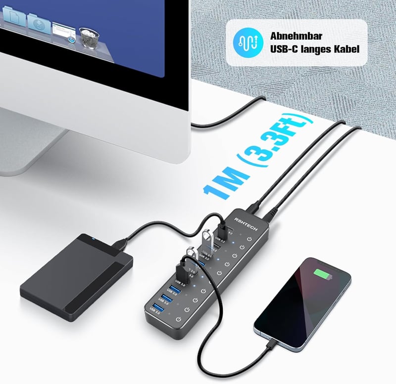 RSHTECH USB 3.2 Hub 10 portos aktív elosztó 3x10Gbps + 7x5Gbps tápegységgel