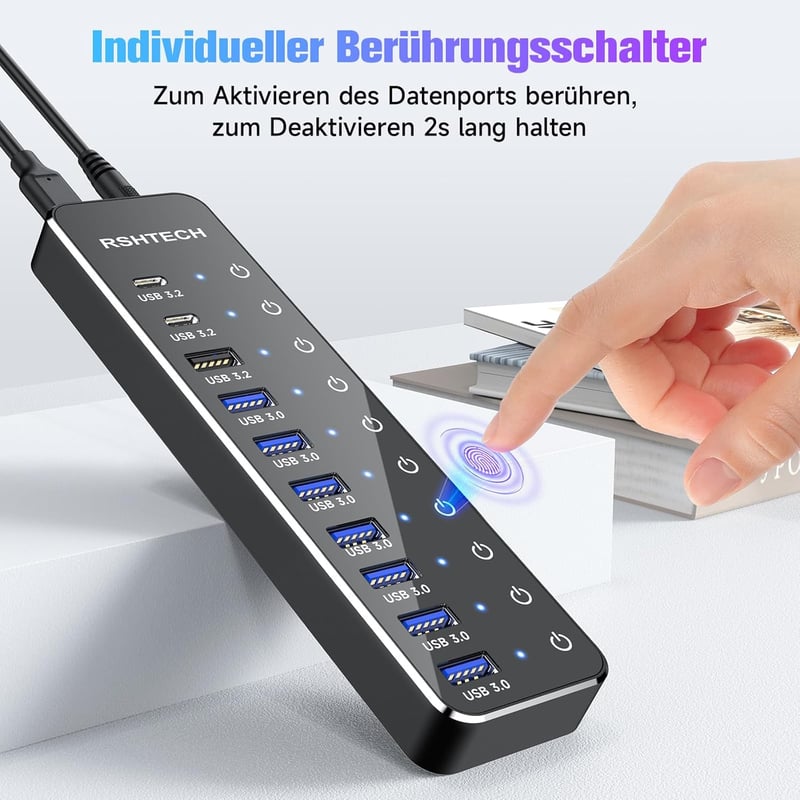 RSHTECH USB 3.2 Hub 10 portos aktív elosztó 3x10Gbps + 7x5Gbps tápegységgel