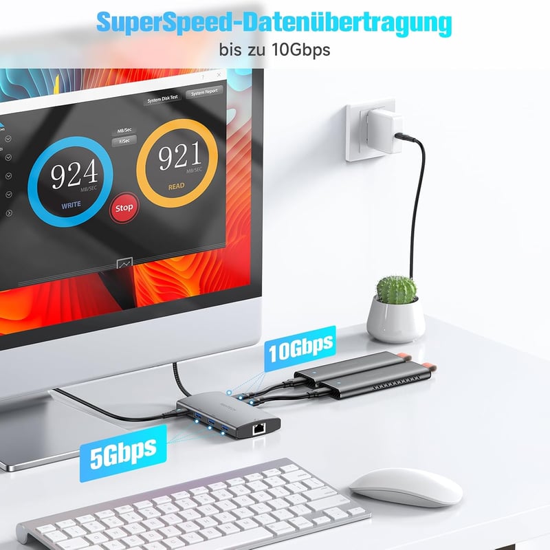 RSHTECH USB-C Hub Ethernet adapterrel, 4 portos USB3.2 elosztó 1Gbps hálózati adapterrel