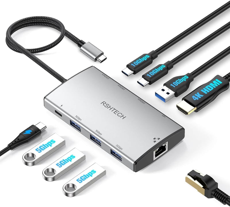 RSHTECH USB-C Hub Ethernet adapterrel, 4 portos USB3.2 elosztó 1Gbps hálózati adapterrel