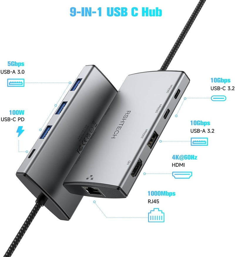 RSHTECH USB-C Hub Ethernet adapterrel, 4 portos USB3.2 elosztó 1Gbps hálózati adapterrel